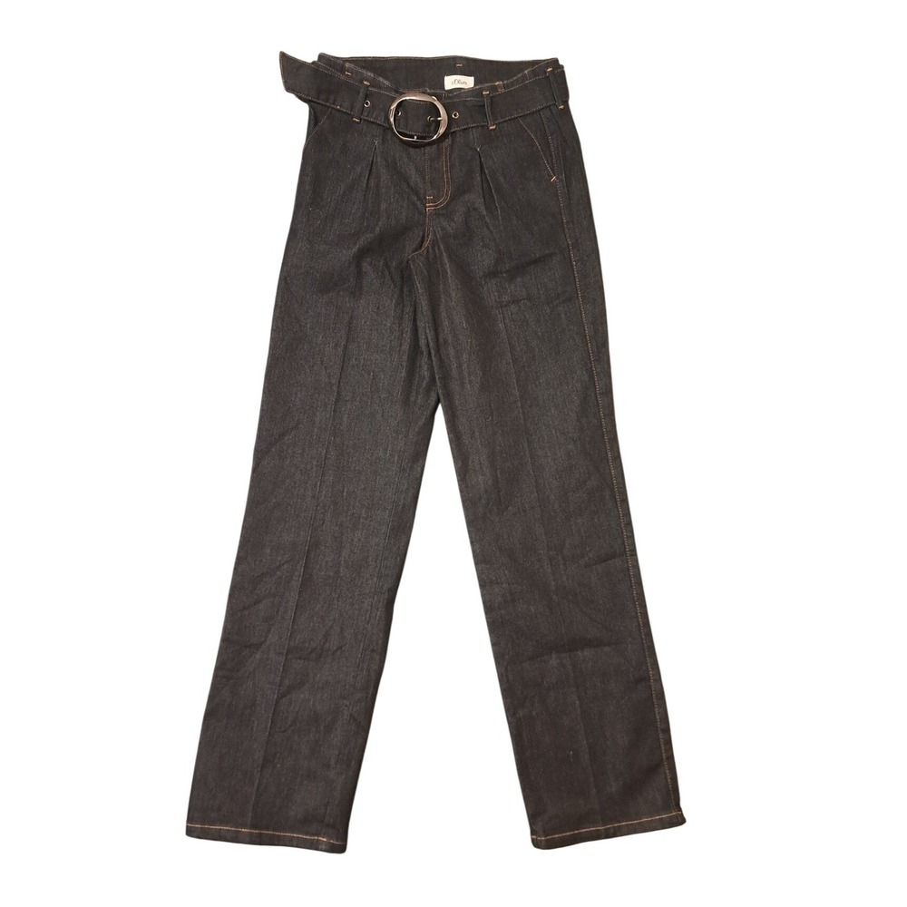 s.Oliver Womens Black Straight Leg Jeans Belted Contrast Stitch Size 27 4/5 XS